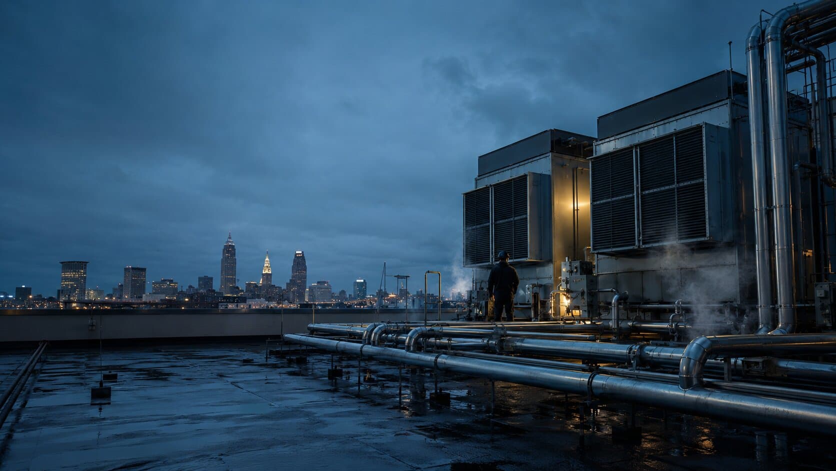 Commercial HVAC rooftop work · Cleveland skyline
