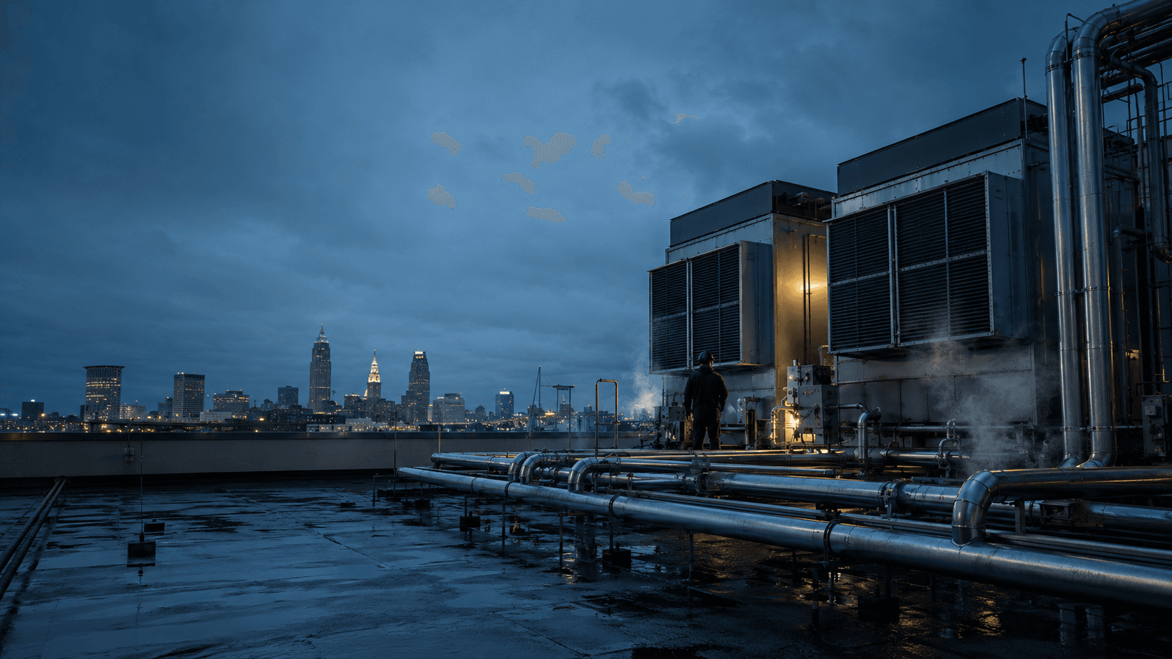 Commercial HVAC rooftop work · Cleveland skyline