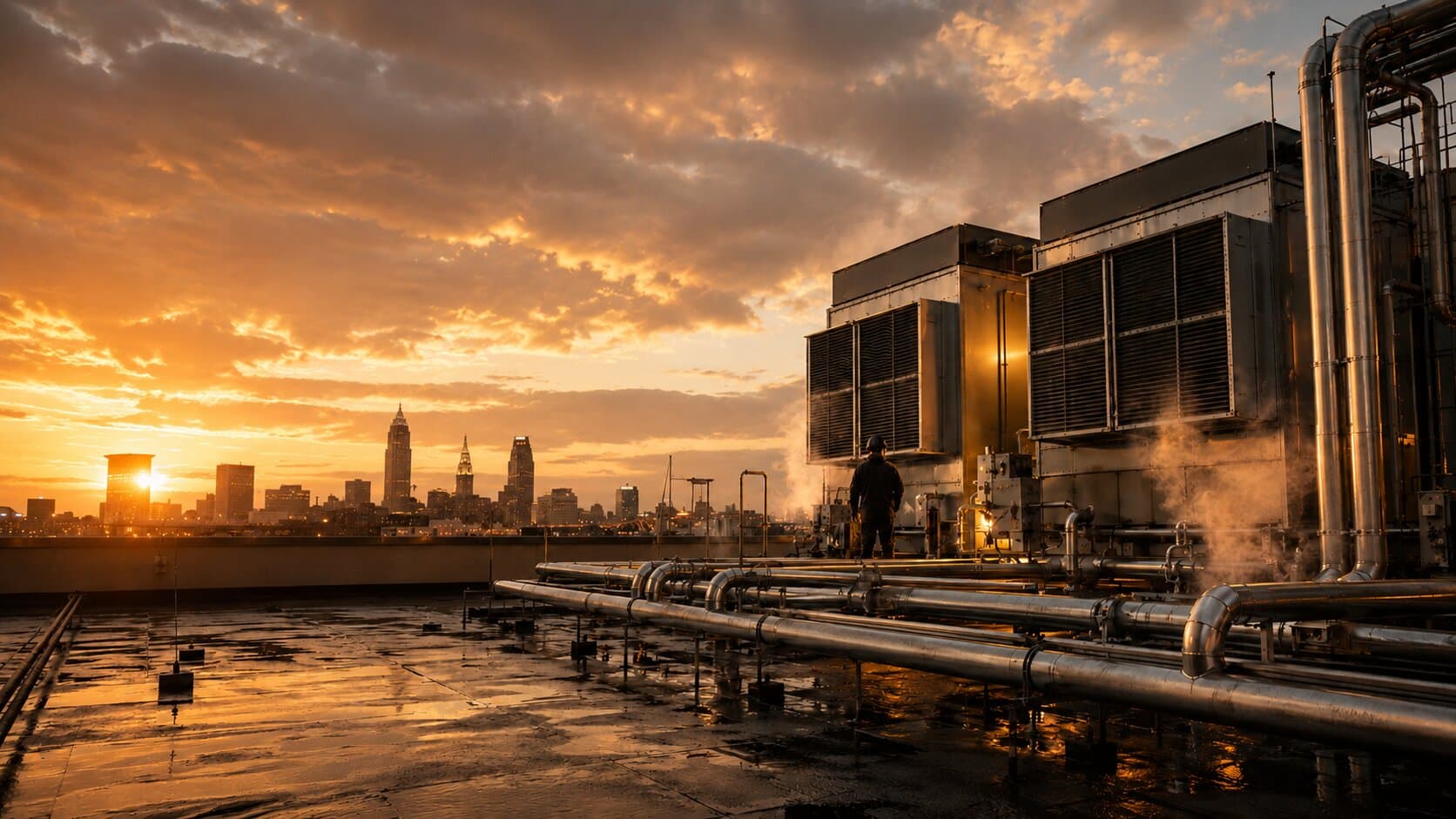 Commercial HVAC rooftop at sunrise