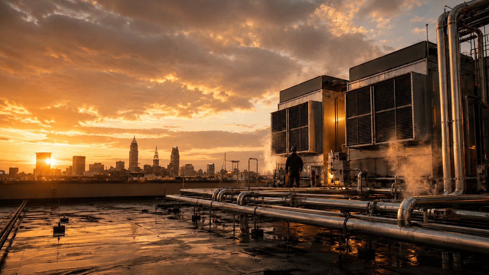 Commercial HVAC rooftop at sunrise